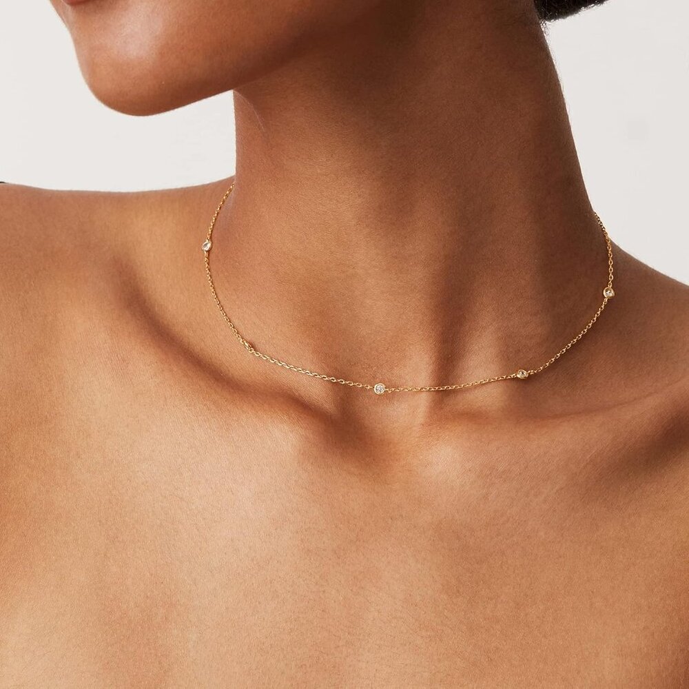 14K Gold Plated Station Necklace - Simulated Diamond BTY Layering Necklaces - Wo - Picture 4 of 5